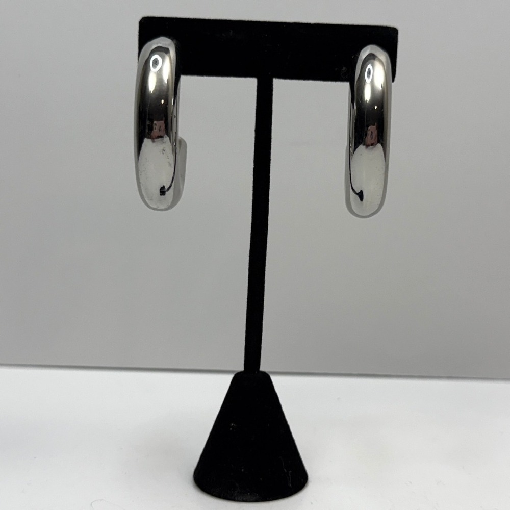 Chunky Statement Hoop Earrings Silver Tone Minimalist Fashion Jewelry 1.5 in L